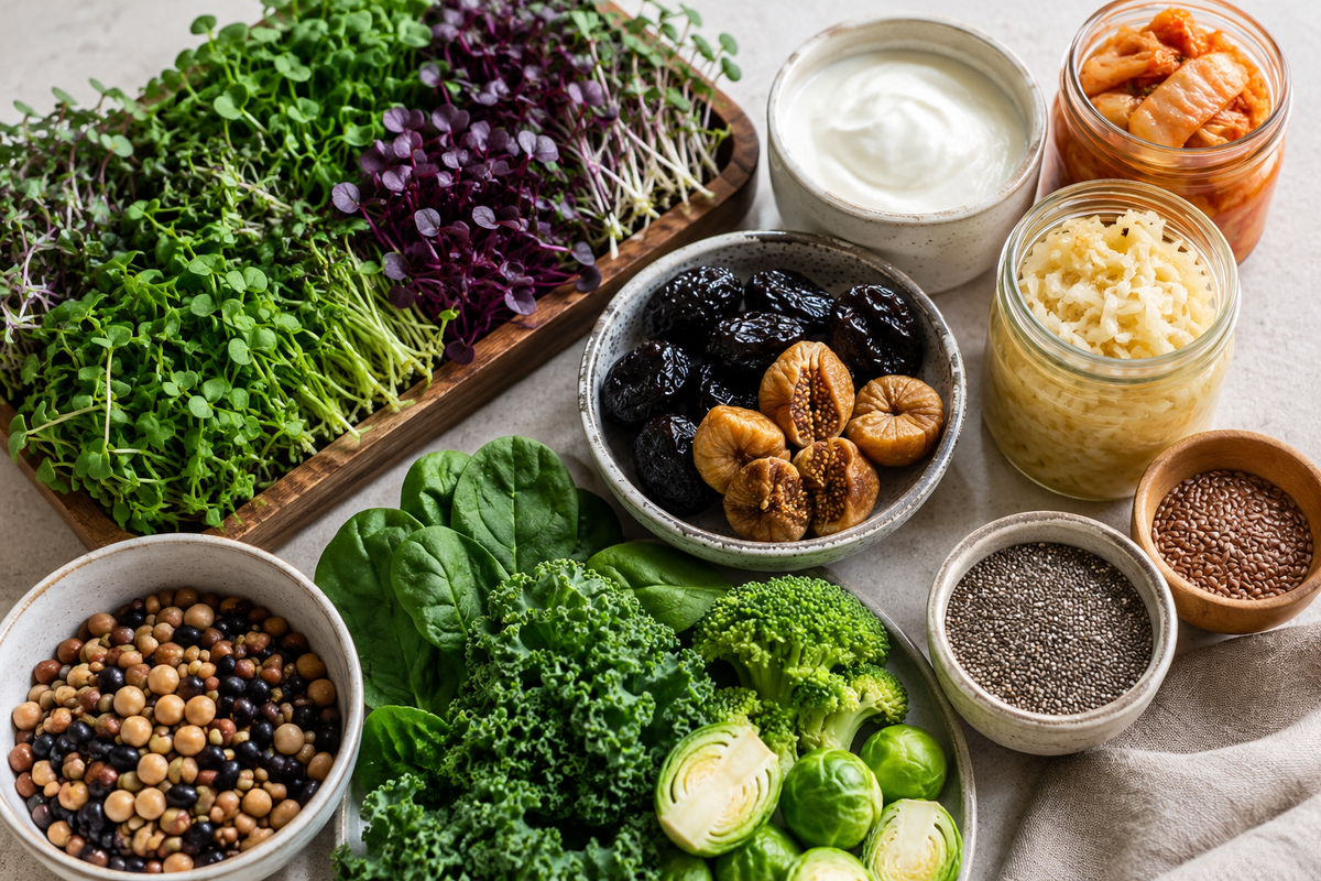 Gut healthy foods with microgreens and fermented sides