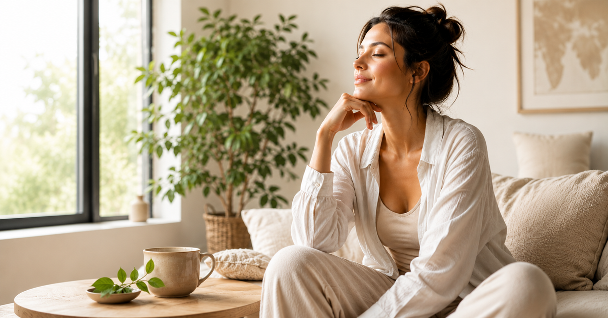 Serene woman resting, reflecting L-Theanine calm