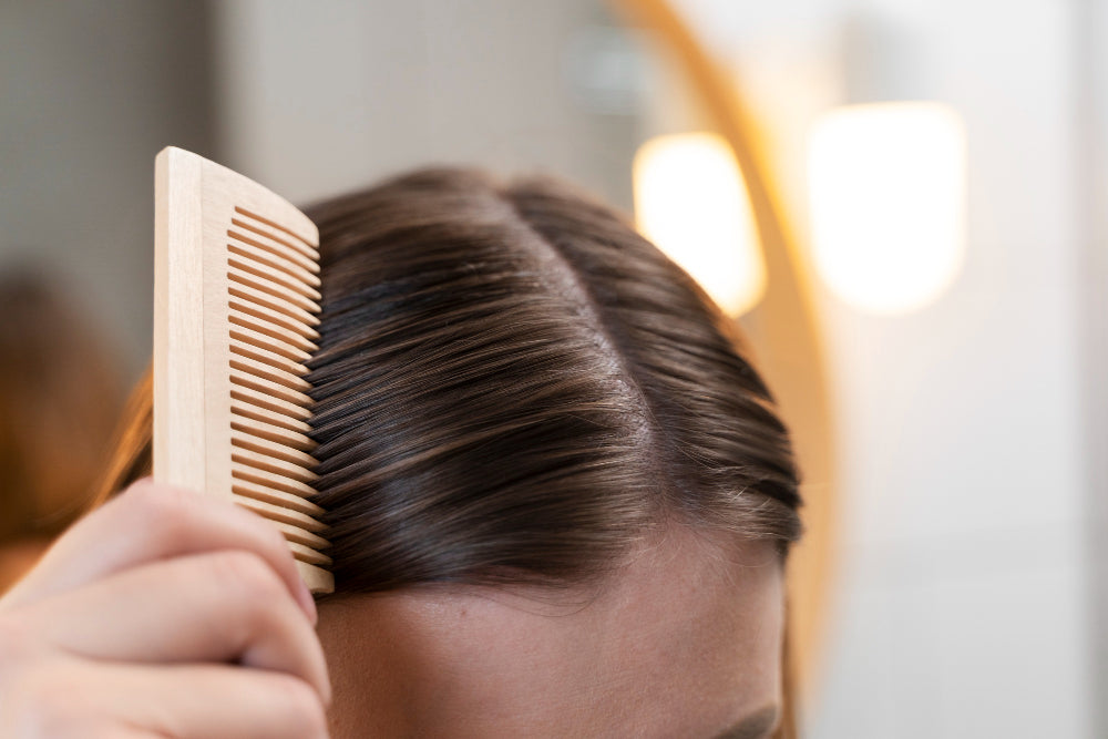 Woman combing scalp to remove buildup and residue