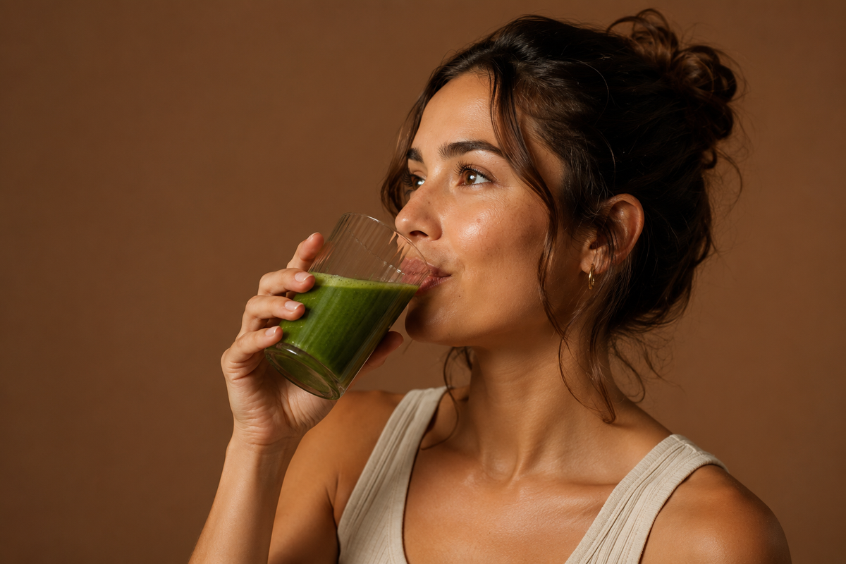Woman drinking a microgreens powder smoothie