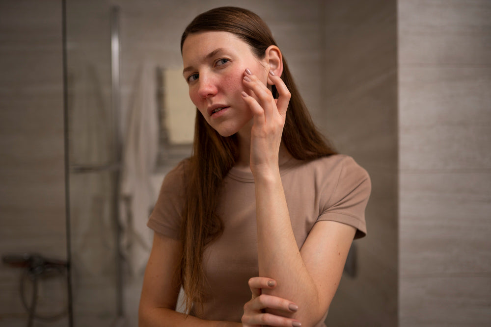 Woman examining skin barrier damage in bathroom mirror