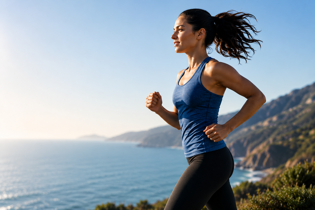 Woman running outside, boosting energy and metabolism