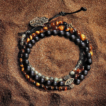 Karma & Luck - Ultimate Prosperity - Onyx Labradorite Tiger's Eye Triple Protection Wrap Bracelet