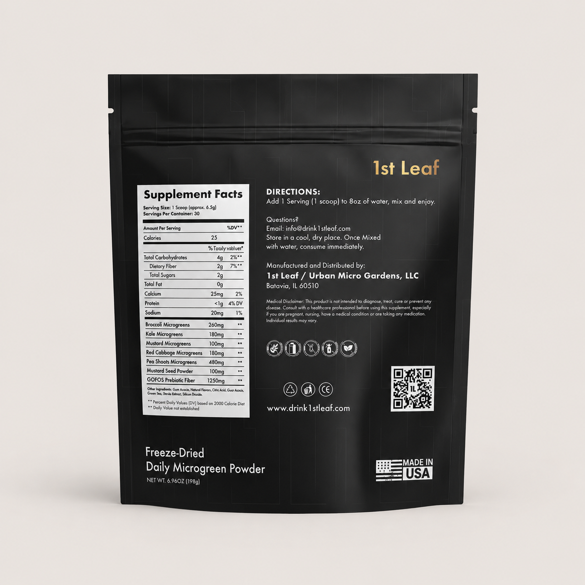 The back of a black resealable pouch of 1st Leaf Freeze-Dried Daily Microgreen Powder, showing supplement facts, directions