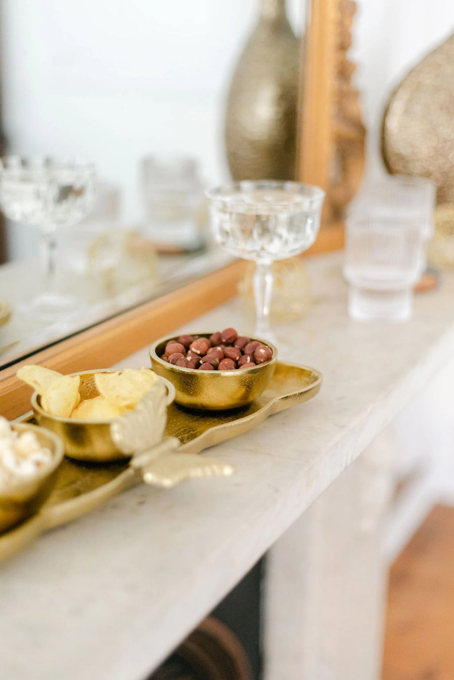 Decorative Gold Tray with Butterfly Design and Serving Bowls