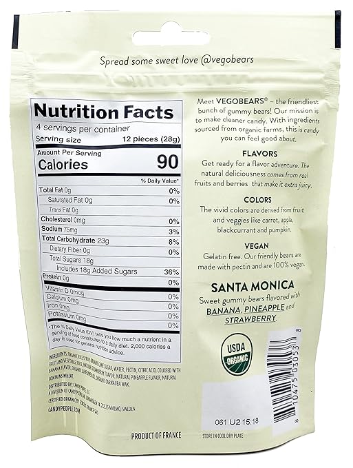 VegoBears Santa Monica Vegan Gummy Bears – Organic Fruity Gummy Bears, Non-GMO, Banana, Pineapple, & Strawberry Gummies 4 Ounce