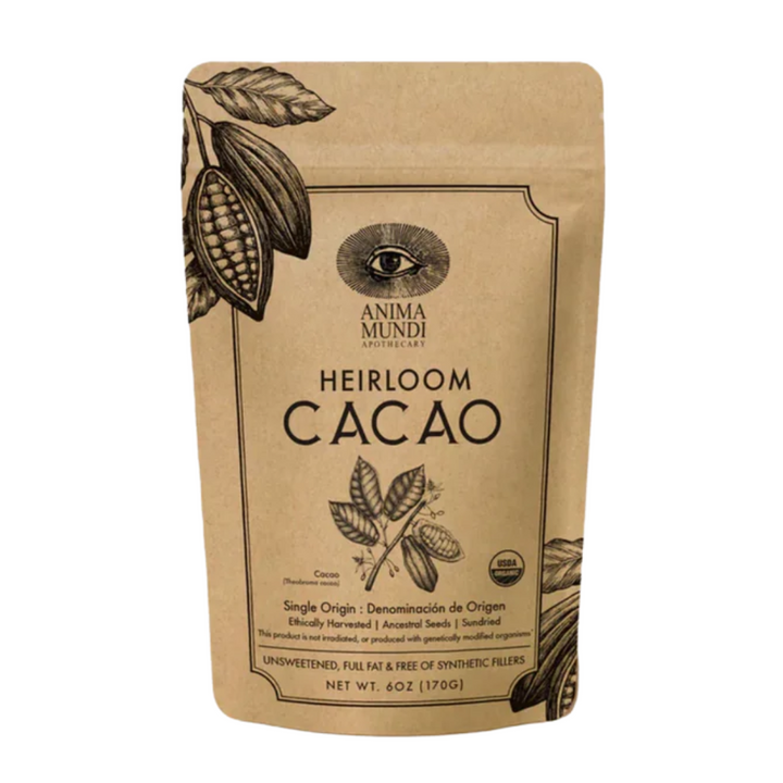 Anima Mundi Heirloom Cacao single-origin Ecuadorian cacao pouch, rich in antioxidants and essential minerals, front view
