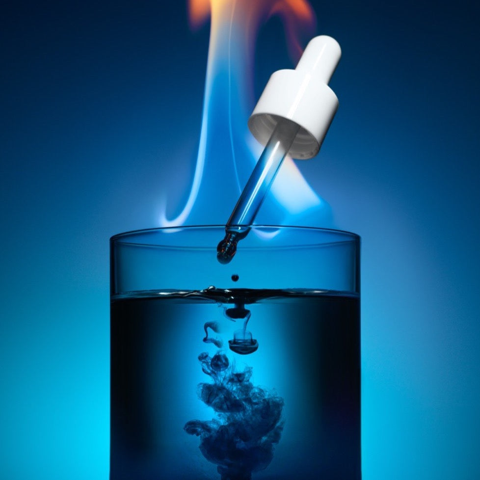 Apothékary Blue Burn Tincture being used, dark background, lifestyle shot