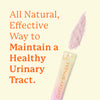 Cheeky Bonsai promotional graphic: All Natural, Effective Way to Maintain a Healthy Urinary Tract - with product packet and pink powder on cream background