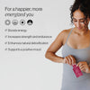 Cymbiotika Liposomal Vitamin B12 B6 lifestyle ad - woman holding pink pouch with benefits: For a happier more energized you, Boosts energy, Increases strength, Enhances detoxification, Supports positive mood