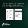 Cymbiotika trust badge - Our products are certified and third-party lab tested, showing two Certificate of Analysis documents with Certified Laboratories logo on dark green background