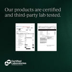 Cymbiotika trust badge - Our products are certified and third-party lab tested, showing two Certificate of Analysis documents with Certified Laboratories logo on dark green background