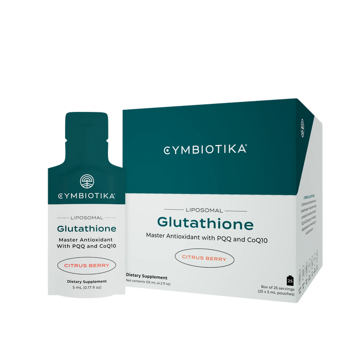 Cymbiotika Liposomal Glutathione antioxidant supplement in product box, supports cellular health, energy, and detoxification