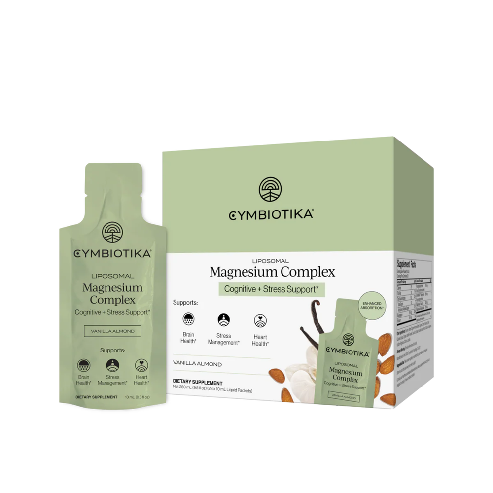 Cymbiotika Liposomal Magnesium Complex Vanilla Almond supplement pouch and box in sage green packaging, supports Brain Health, Stress Management, Heart Health on white background