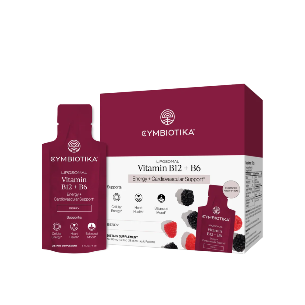 Cymbiotika Liposomal Vitamin B12 plus B6 Energy and Cardiovascular Support Berry flavor - dark maroon supplement pouch and box on white background, supports Cellular Energy, Heart Health, Balanced Mood