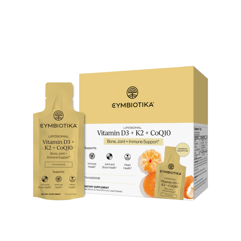 Cymbiotika Liposomal Vitamin D3 plus K2 plus CoQ10 Tangerine Bone Joint and Immune Support - gold supplement pouch and box on white background, supports Joint Bone Health, Immune Health, Heart Health
