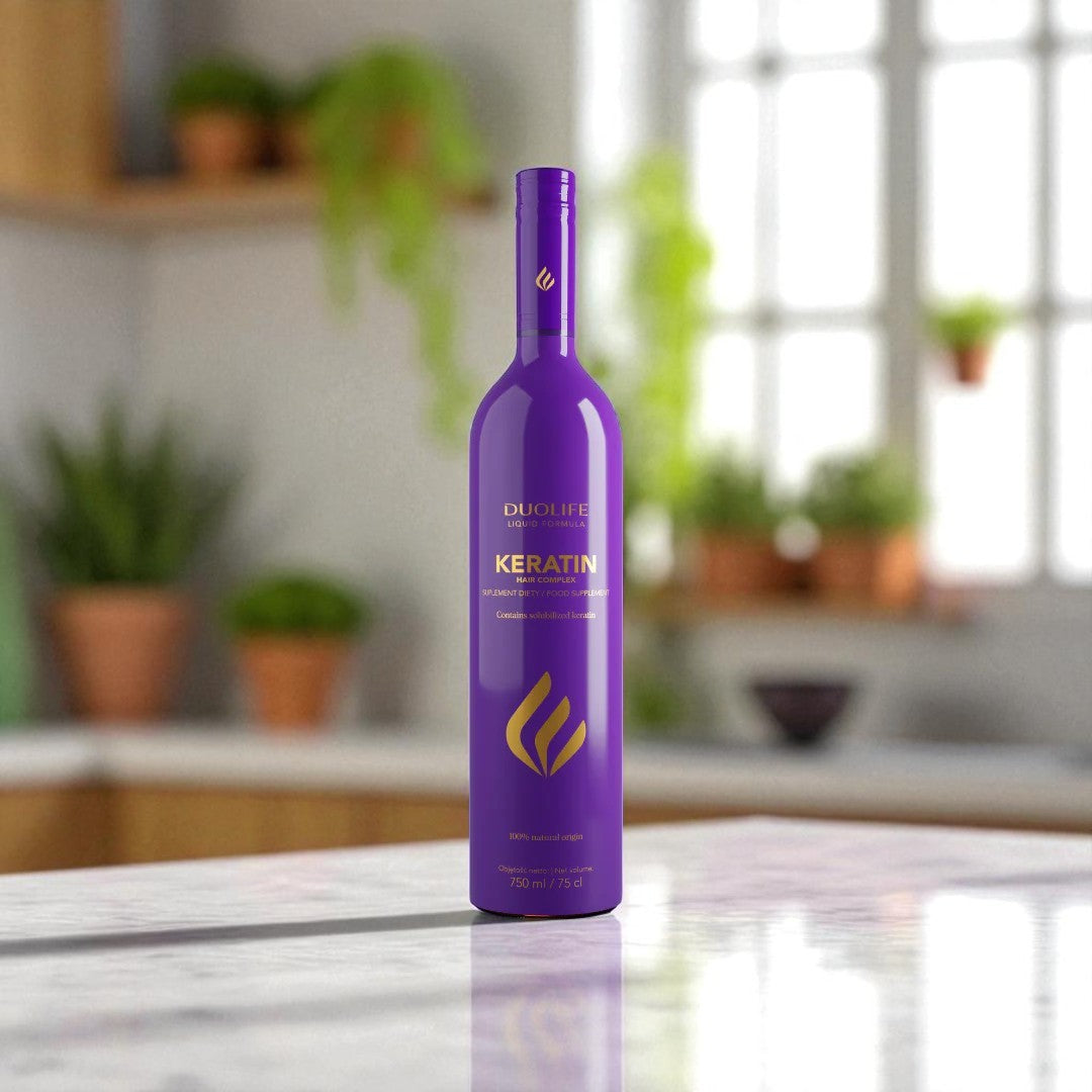 DUOLIFE Keratin Hair Complex bottle displayed on a clean kitchen counter with natural lighting