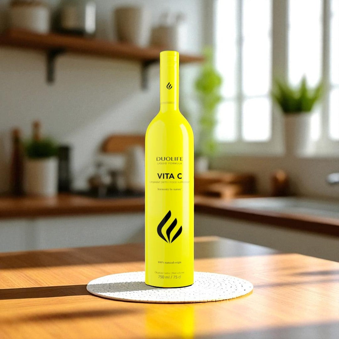 DUOLIFE Vita C supplement bottle displayed on a clean, fresh kitchen counter highlighting purity and wellness