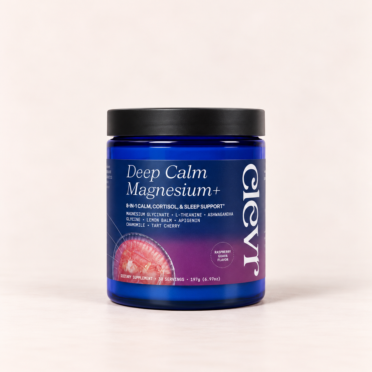 A blue plastic bottle of Clever Deep Calm Magnesium+ supplement with a black lid, set against a plain off-white background.