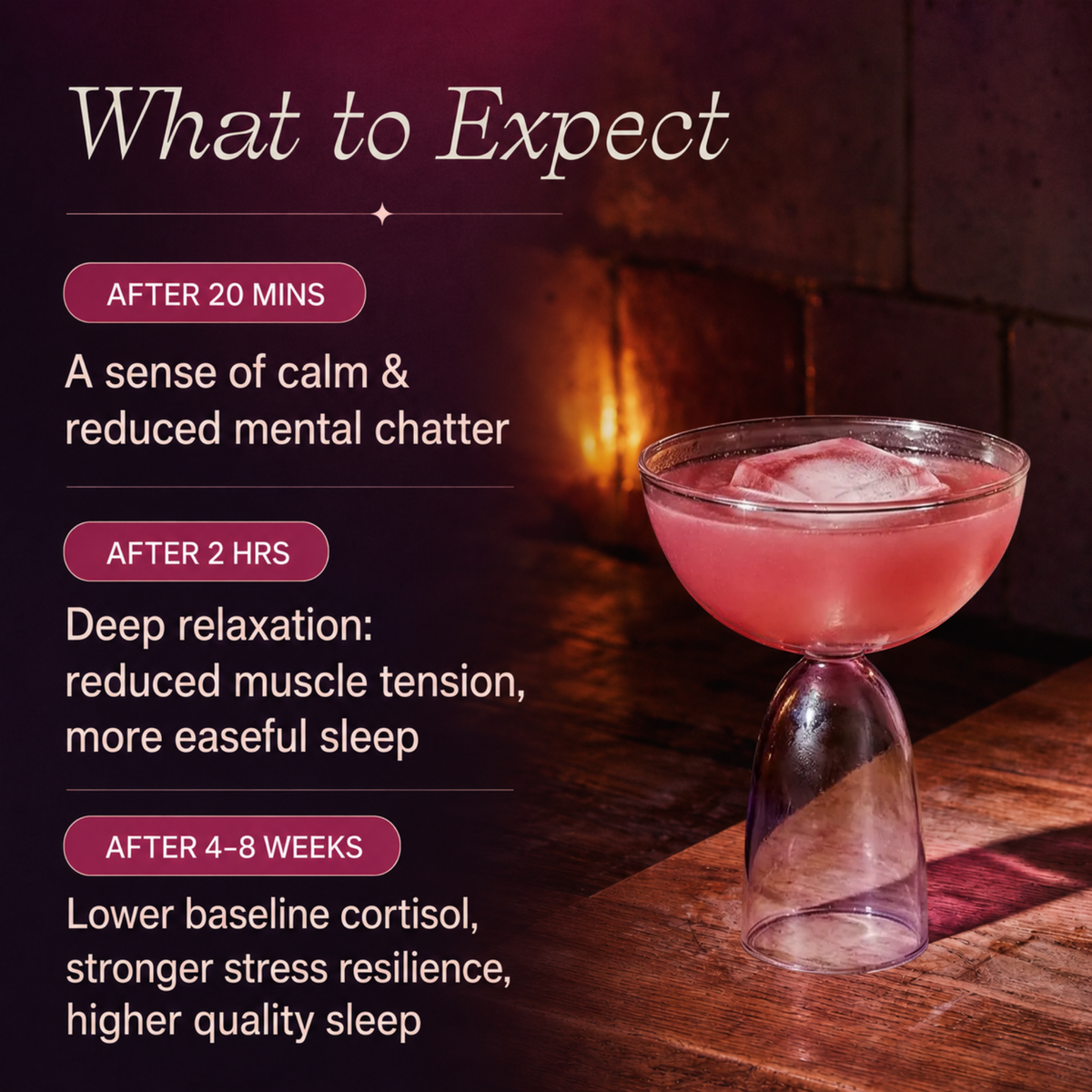 A shot of deep calm magnesium with a list of what to expect of the product in 20 min, 2 hours and 4-8 weeks