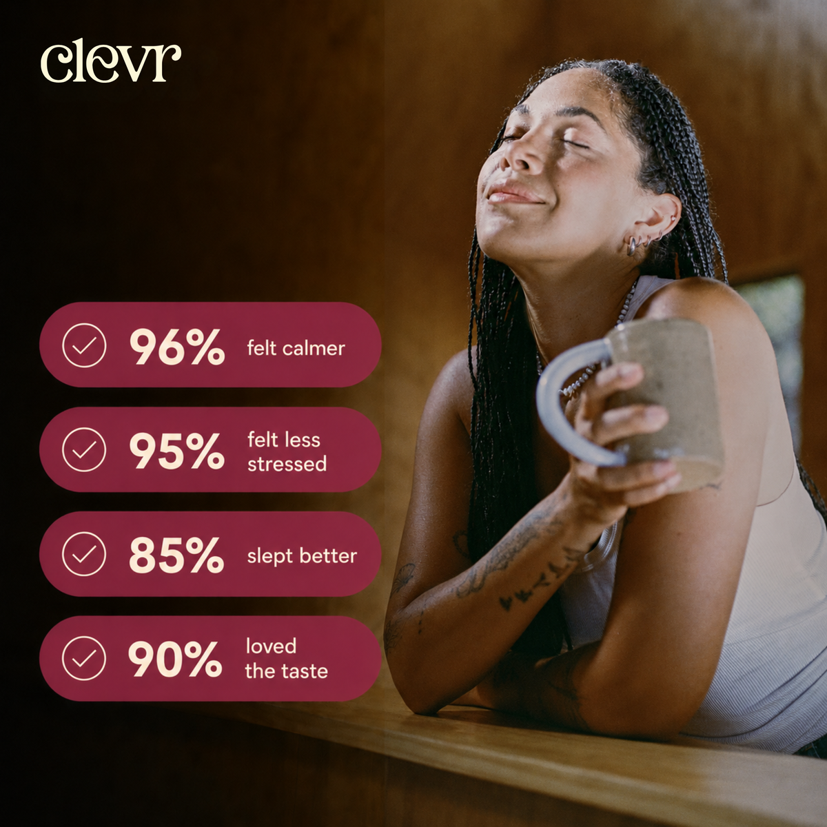Woman holding a mug with health statistics about deep calm magnesium on a dark background