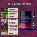 Supplement container labeled 'Deep Calm Magnesium+' with ingredients listed on a colorful background