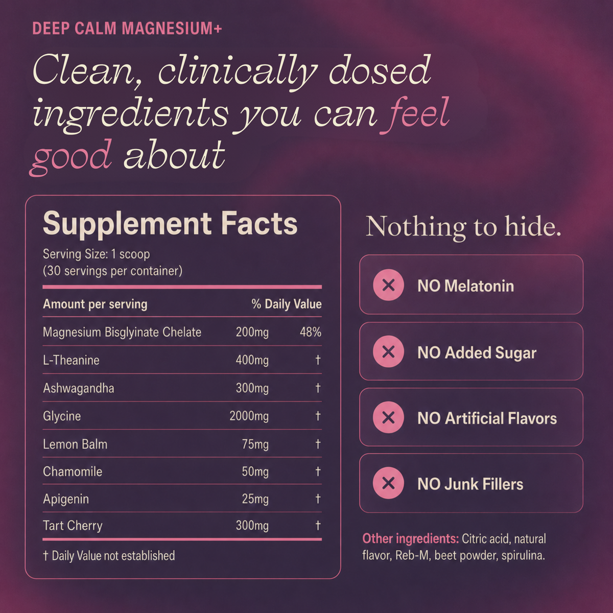 Supplement facts label for a magnesium supplement with a purple background