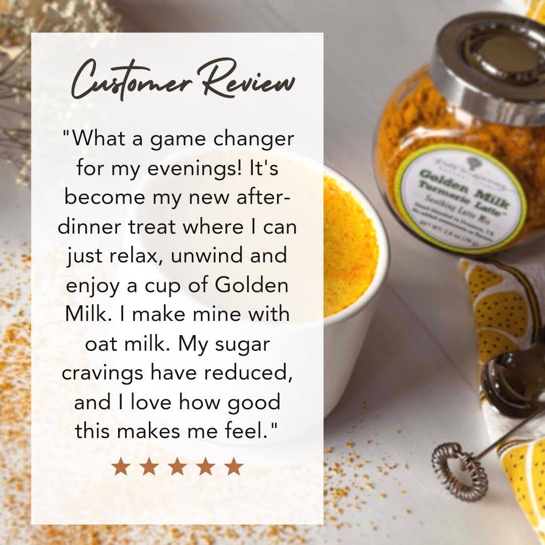 A promotional graphic featuring a white cup of golden iced coffee, a jar labeled Golden Milk Oat Milk Coffee, and a customer review text box on a light marble background with scattered coffee beans.