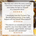 Turmeric tea with customer reviews on a white background
