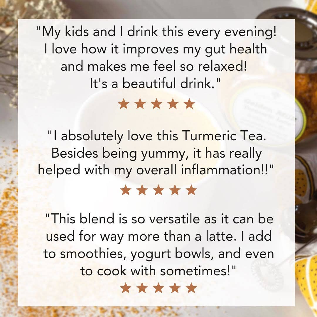 Turmeric tea with customer reviews on a white background
