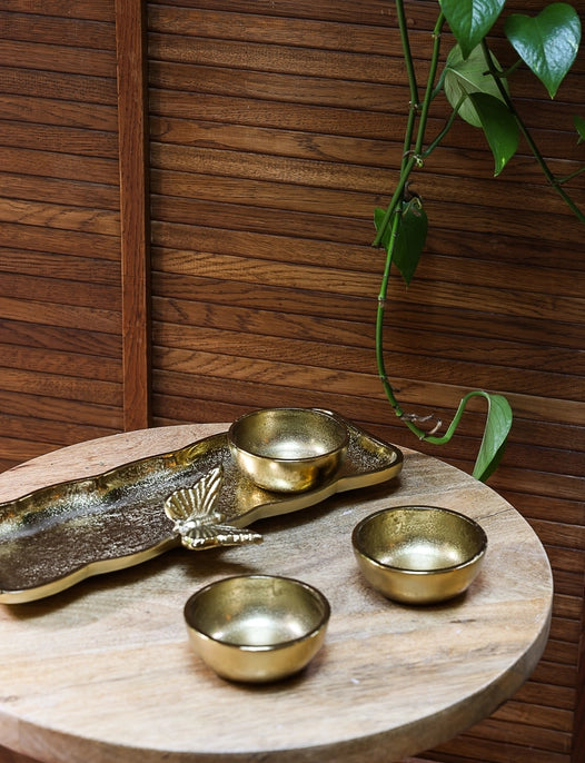 Decorative Gold Tray with Butterfly Design and Serving Bowls