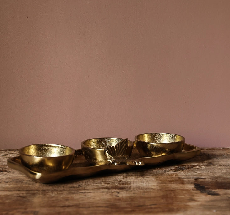 Decorative Gold Tray with Butterfly Design and Serving Bowls