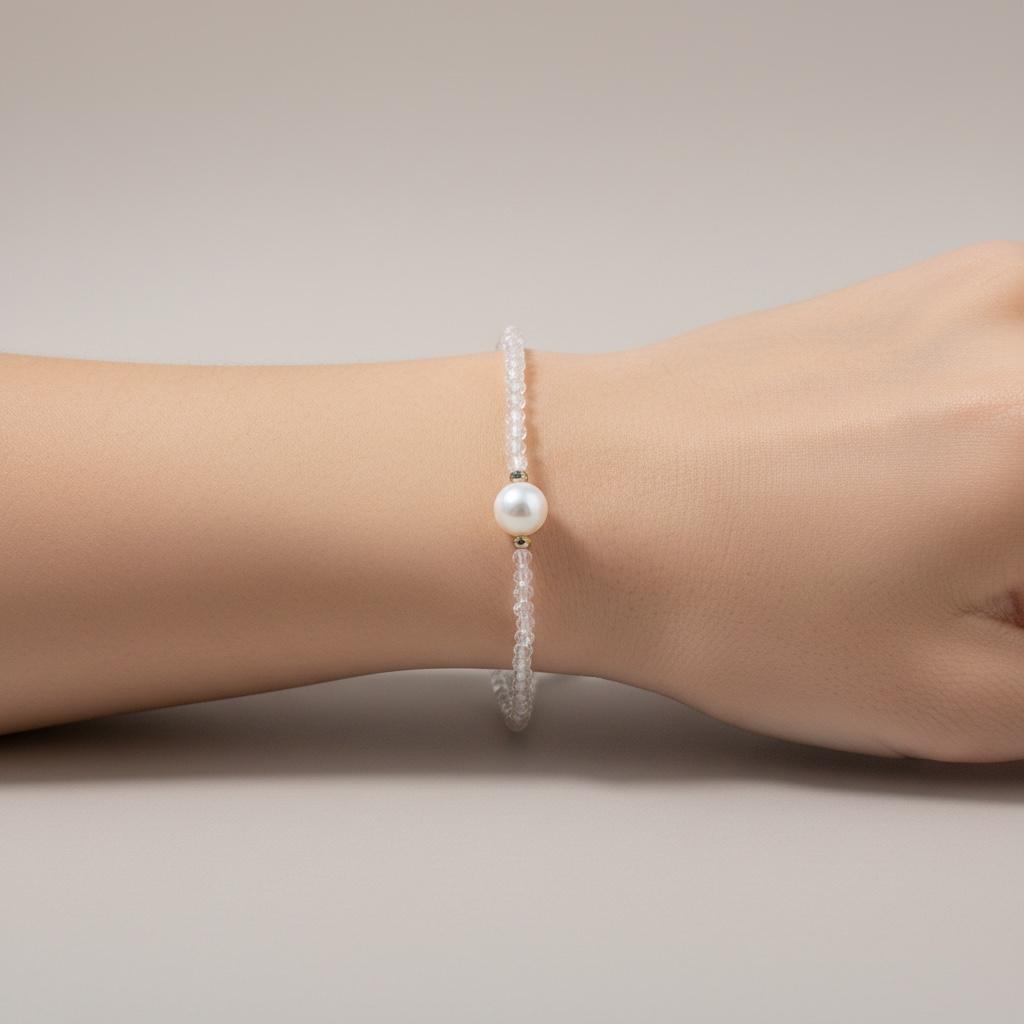 Utmost Clarity - Crystal Quartz April Birthstone with Pearl Bracelet