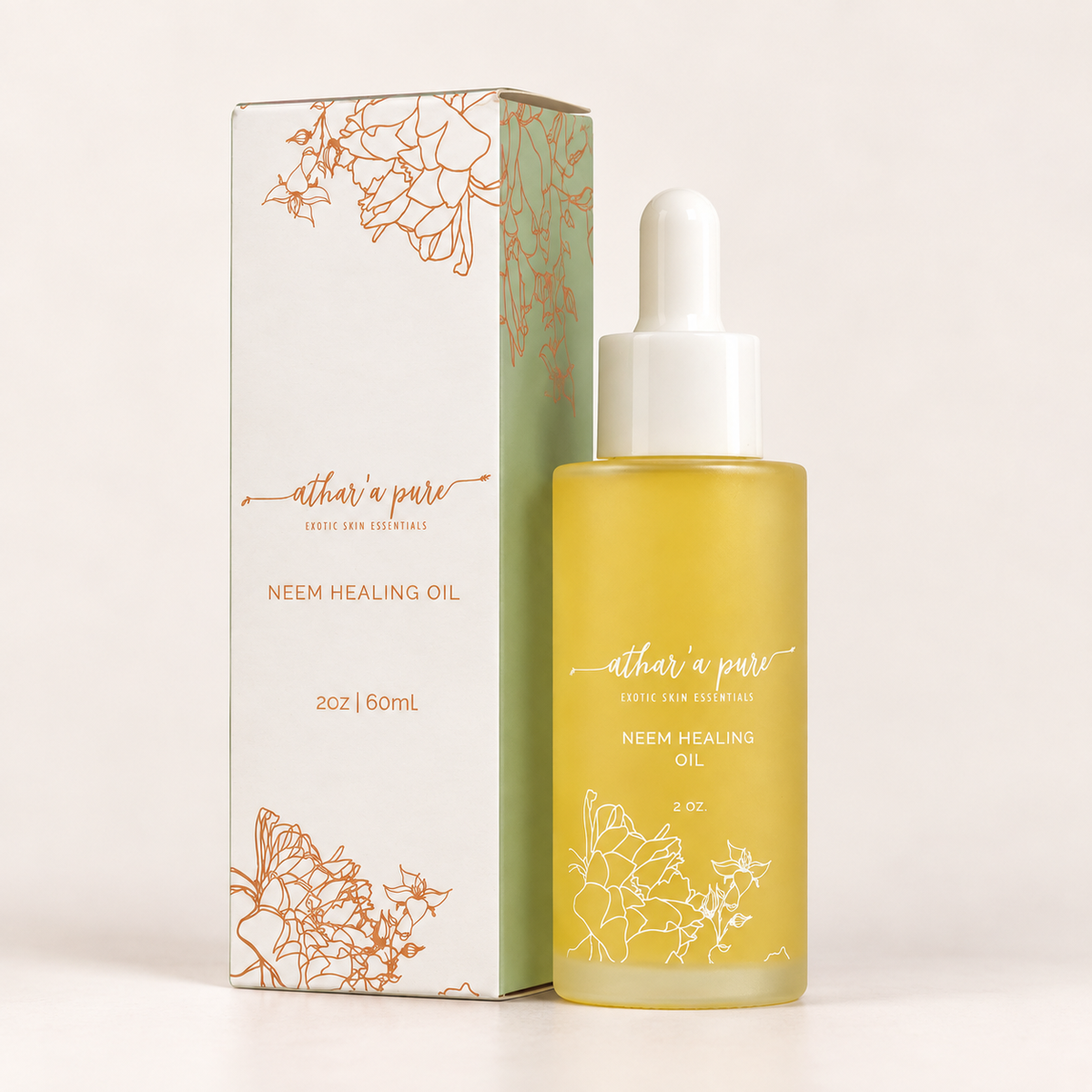 A bottle of aether & pure Neem Healing Oil next to its white and sage green packaging box, both featuring elegant copper-gold botanical illustrations