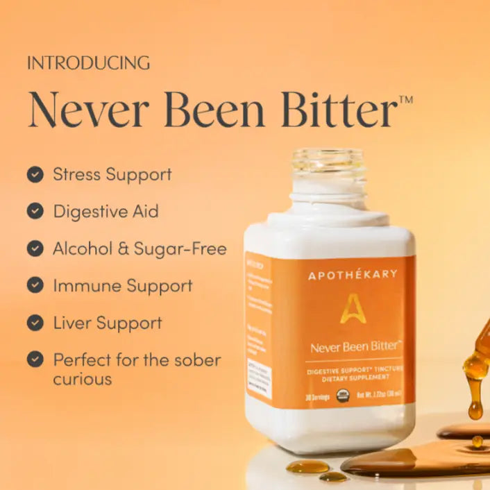 A 'Never Been Bitter' digestive support tincture dietary supplement introducing its benefits 