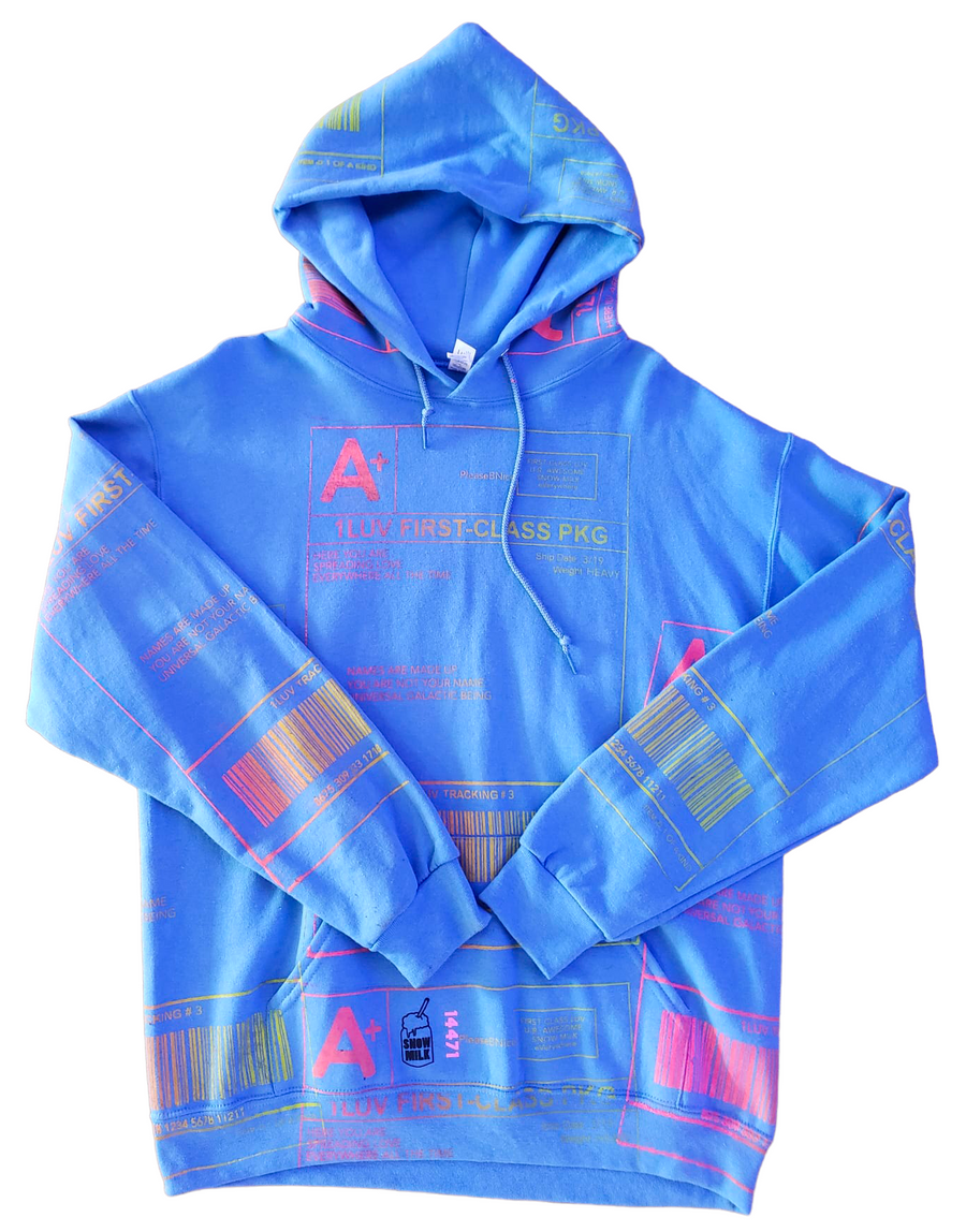 Real Snow Milk Positive Shipping Label Blue Hoodie (Green & Red Ink)