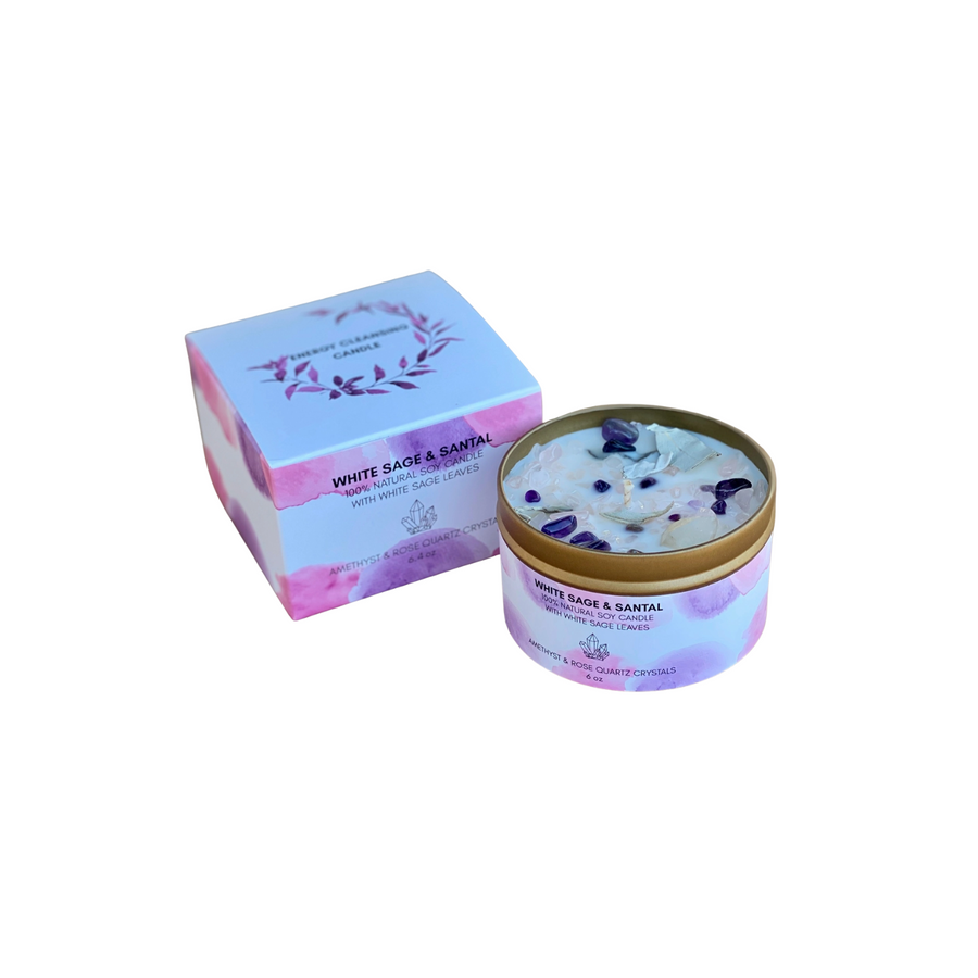 Picki Nicki: White Sage Candle w/ Amethyst, Rose & Clear Quartz Crystals