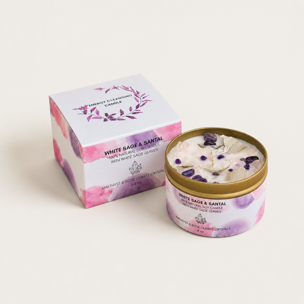 Picki Nicki: White Sage Candle w/ Amethyst, Rose & Clear Quartz Crystals