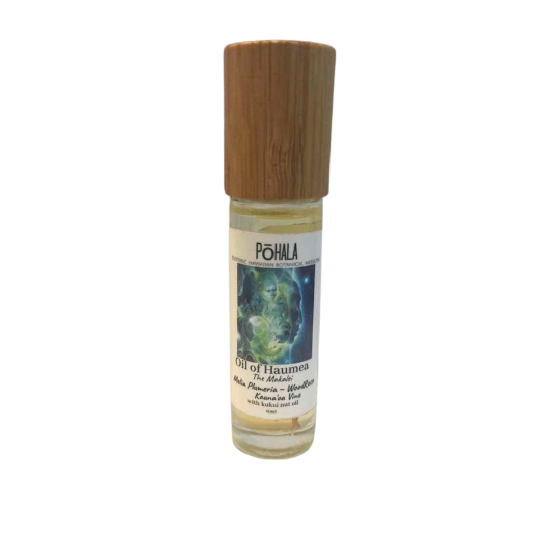 Pohala Oil of Haumea The Makalei roll-on oil bottle with bamboo wooden cap and Earth graphic label on white background