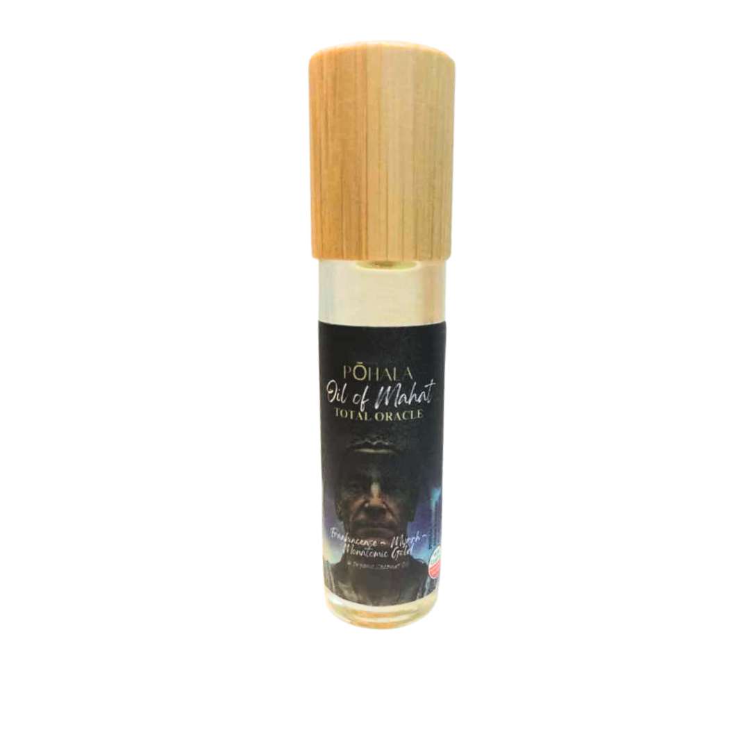 Pohala Oil of Mahat Total Oracle roll-on oil bottle with bamboo wooden cap on white background