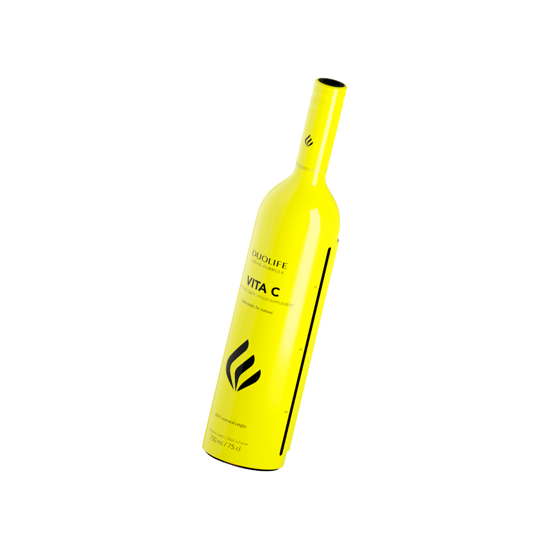 DUOLIFE Vita C supplement bottle shown tilted to highlight the sleek packaging and label design