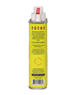 Back view of a yellow bottle with text and icons on a white background