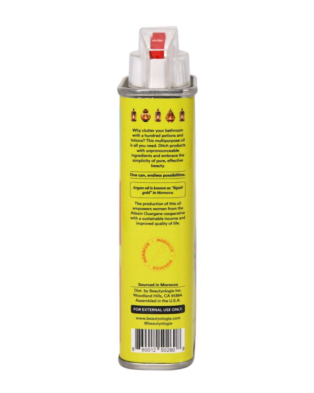 Back view of a yellow bottle with text and icons on a white background