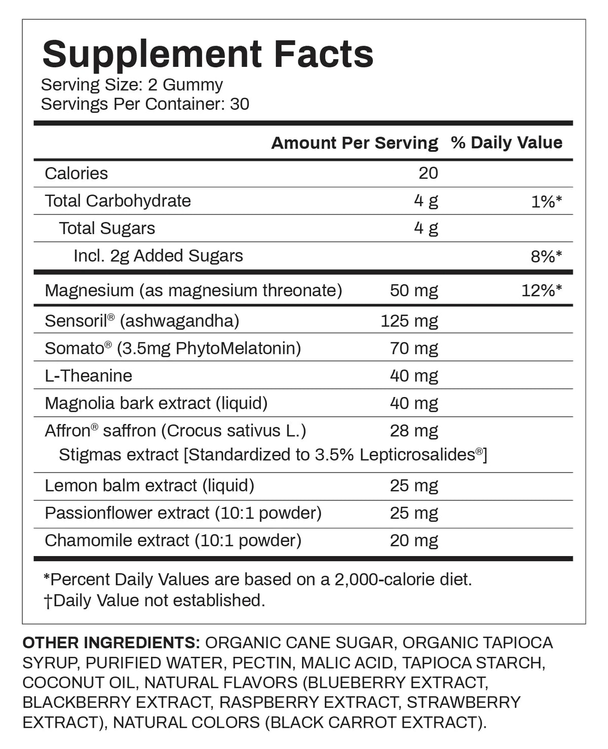 Supplement facts label for gummy vitamins with detailed ingredient list.