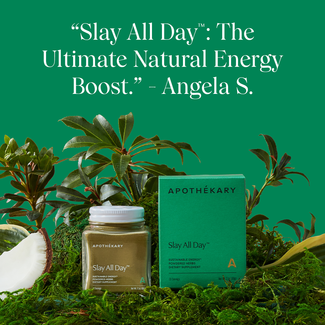 A clear glass jar of Apothékary Slay All Day powdered mint green dietary supplement 
