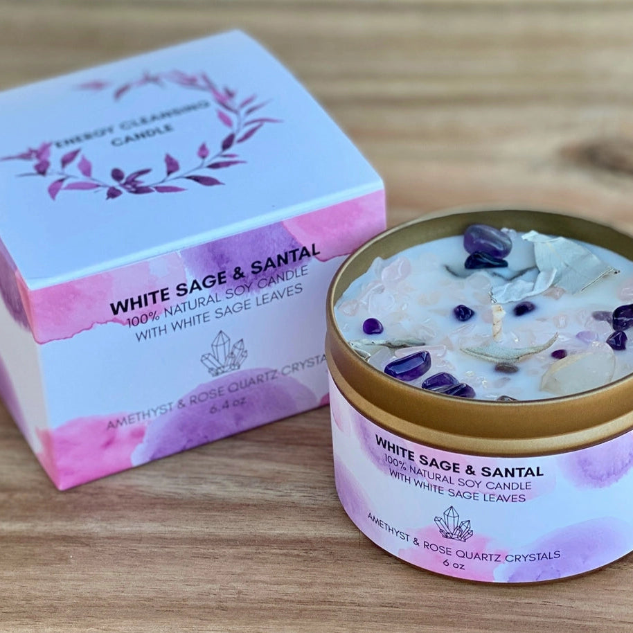 White Sage Candle w/ Amethyst, Rose & Clear Quartz Crystals
