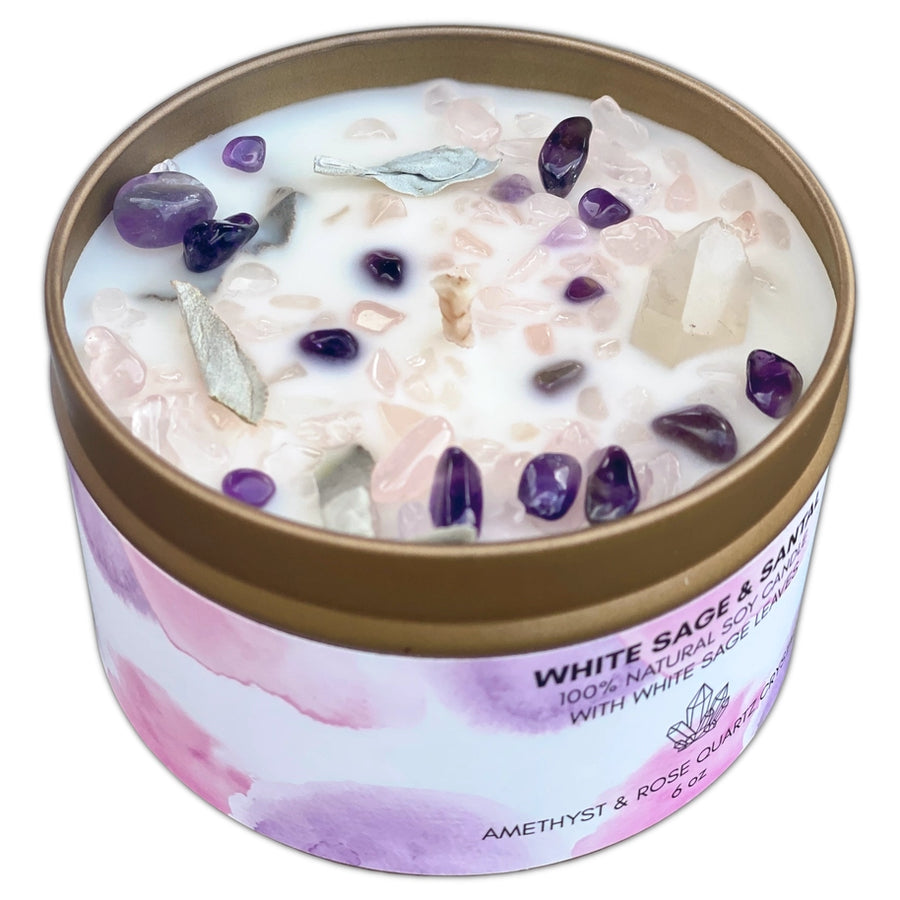 Picki Nicki: White Sage Candle w/ Amethyst, Rose & Clear Quartz Crystals