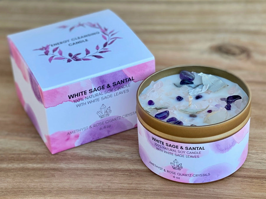 Picki Nicki: White Sage Candle w/ Amethyst, Rose & Clear Quartz Crystals