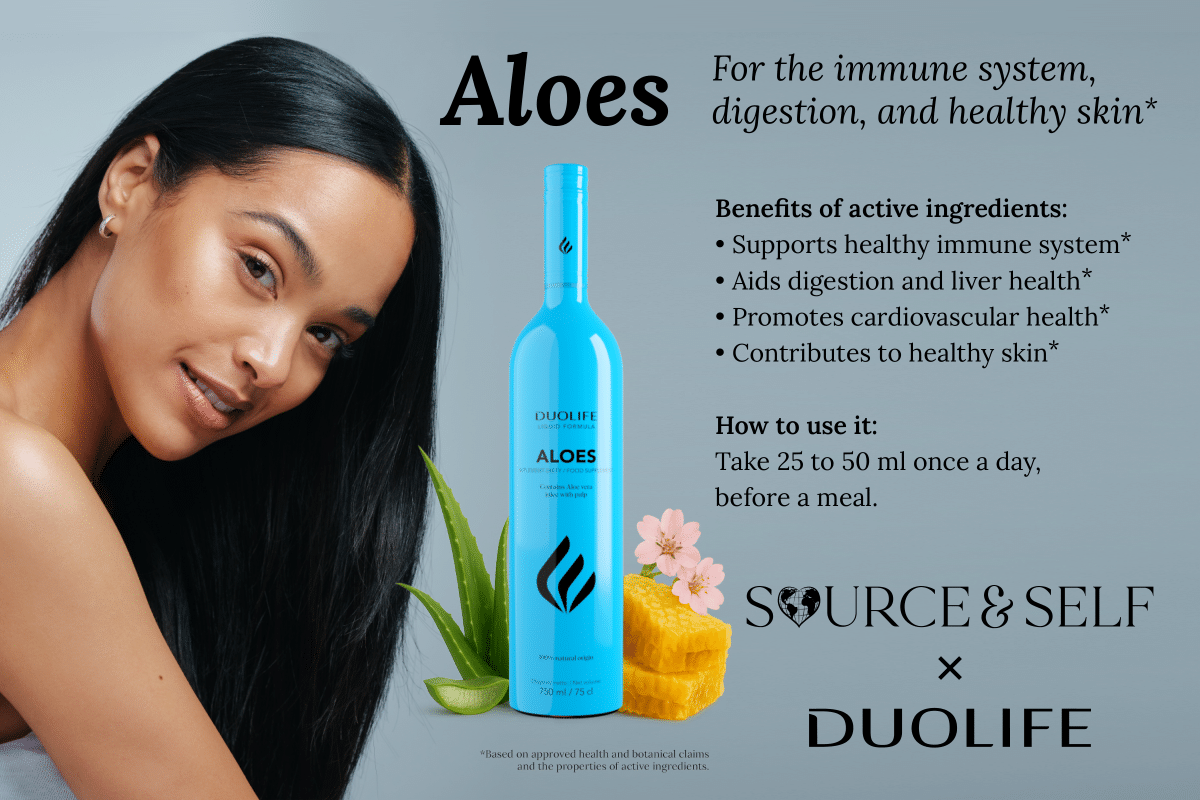 DUOLIFE Aloe Vera Supplement bottle showing front and back labels – natural digestive and immune support for women