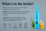 DUOLIFE Aloe Vera Supplement bottle alongside a list of natural ingredients including aloe and oregano – supports women’s digestive and immune health